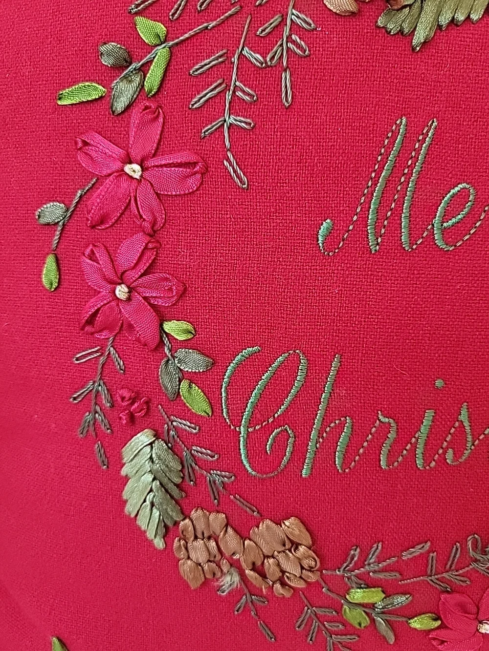 Holiday Red Ribbon Embroidered Merry Christmas Decorative Pillow 15x15